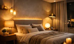 Przytulne oświetlenie sypialni inspiracje: ciepłe światło lamp, świec i taśmy LED tworzy relaksującą atmosferę.