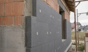 Szary styropian grafitowy o grubości 20 cm, mocowany do ceglanego muru 40 cm, tworzy warstwę izolacyjną.