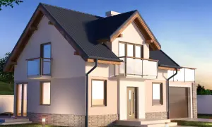 Nowoczesny projekt domu 100m2 parterowy z garażem, balkonami i oświetleniem ogrodowym.