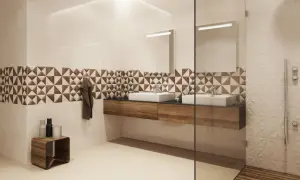 Nowoczesna aranżacja płytki do małej łazienki z geometrycznym wzorem i drewnianymi elementami.