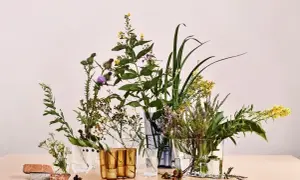 Nowoczesne dekoracje do wazonu: bukiety dzikich kwiatów i ziół w szklanych naczyniach, tworzące naturalną kompozycję.