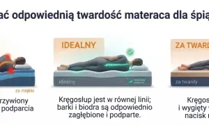 Ilustracja pokazuje trzy pozycje spania na boku na materacach: za miękki, idealny i za twardy. W idealnej pozycji kręgosłup jest prosty, a barki i biodra są odpowiednio zagłębione. Gdzie jest góra materaca? W każdej z trzech opcji, góra materaca jest t...