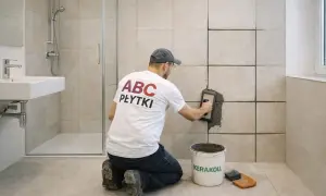 Fachowiec fuguje płytki rektyfikowane, co to znaczy? Precyzyjne, równe fugi to sekret idealnej łazienki.