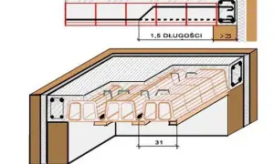 Schemat stropu ackermana z pustakami ceramicznymi i zbrojeniem. Widok przekroju i perspektywy.