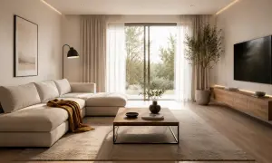 Jasny, przestronny salon w stylu minimalistycznym. Duża, beżowa sofa, drewniana ława, nowoczesny telewizor i subtelne oświetlenie tworzą przytulną atmosferę.