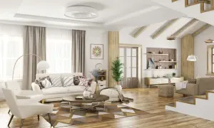 Nowoczesny salon z geometrycznym dywanem, który pomoże Ci zdecydować, jak dobrać dywan do salonu.