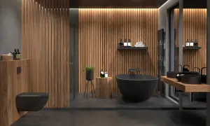 Drewniane lamele i beton tworzą nowoczesną łazienkę. Wanna, czarna miska WC i umywalki to świetne co zamiast płytek w łazience.