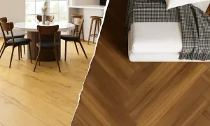 Jasne drewniane deski w kuchni i ciemne jodełkowe w sypialni. Co na podłogę w kuchni? Wybierz styl!