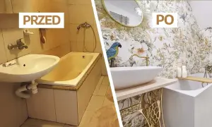 Spektakularna metamorfoza łazienki tanim kosztem: od żółtych płytek i starej wanny do tropikalnego raju z papugą i kwiecistą tapetą.