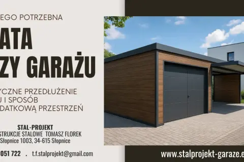 Nowoczesny garaż z wiatą, idealne przedłużenie dachu i dodatkowa przestrzeń. Stal-Projekt.