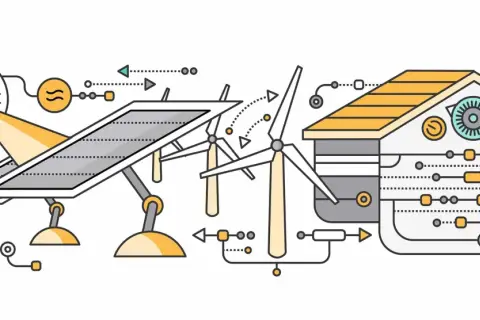 Ilustracja koncepcyjna: dom pasywny projekt z panelami słonecznymi, turbiną wiatrową i systemem dystrybucji energii.