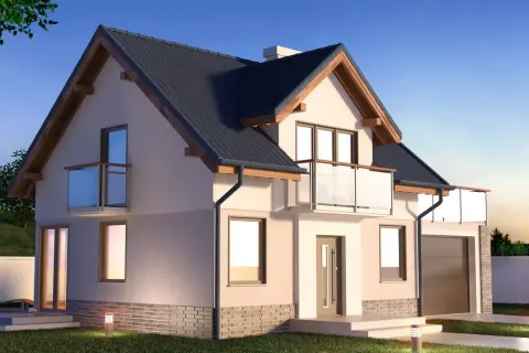 Nowoczesny projekt domu 100m2 parterowy z garażem, balkonami i oświetleniem ogrodowym.