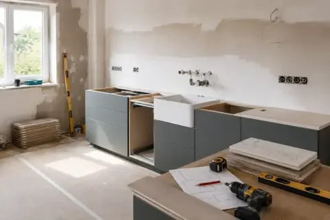 Trwa remont kuchni w bloku. Nowe szafki kuchenne, zlew i narzędzia czekają na montaż.