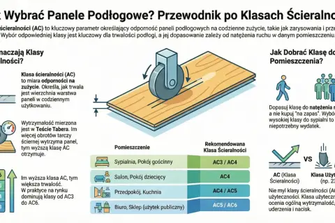 Wybór odpowiedniej klasy ścieralności paneli podłogowych (AC) zapewnia trwałość. Dopasuj klasę do natężenia ruchu w pomieszczeniu.