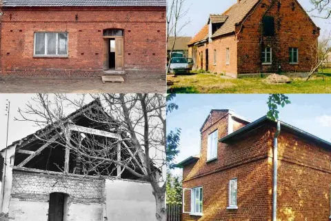 Metamorfoza starego domu: od ruiny do odnowionego budynku. Zdjęcia ukazują przemianę.