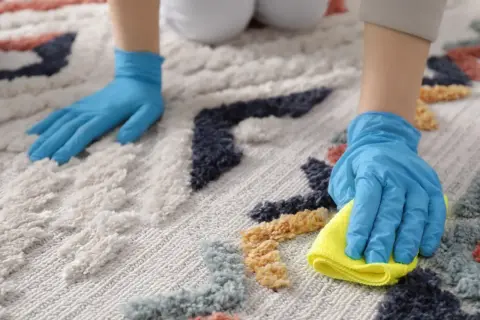 Ręce w niebieskich rękawiczkach czyszczą kolorowy dywan. Jedna ręka z żółtą ściereczką, druga delikatnie dotyka włókien. Pranie dywanu proszkiem do prania to skuteczny sposób na odświeżenie wnętrza.
