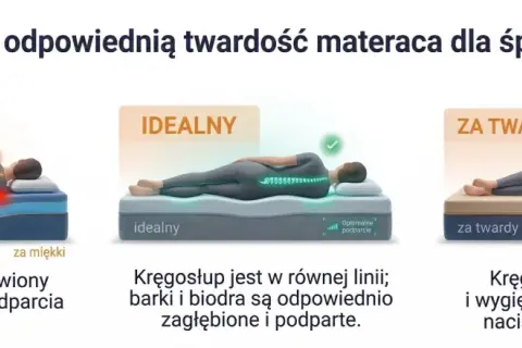 Ilustracja pokazuje trzy pozycje spania na boku na materacach: za miękki, idealny i za twardy. W idealnej pozycji kręgosłup jest prosty, a barki i biodra są odpowiednio zagłębione. Gdzie jest góra materaca? W każdej z trzech opcji, góra materaca jest t...
