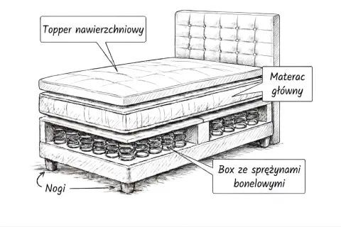 Łóżko kontynentalne to wielowarstwowa konstrukcja: nogi, box ze sprężynami bonelowymi, materac główny i topper nawierzchniowy.