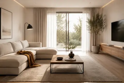Jasny, przestronny salon w stylu minimalistycznym. Duża, beżowa sofa, drewniana ława, nowoczesny telewizor i subtelne oświetlenie tworzą przytulną atmosferę.