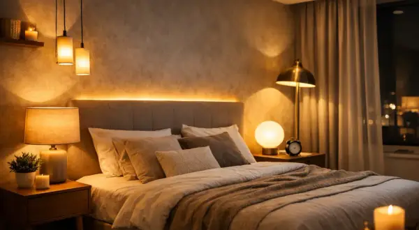 Przytulne oświetlenie sypialni inspiracje: ciepłe światło lamp, świec i taśmy LED tworzy relaksującą atmosferę.