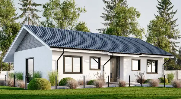 Nowoczesny dom parterowy z dużymi oknami, idealny dla rodziny. Sprawdź nasze projekty domów 100m.