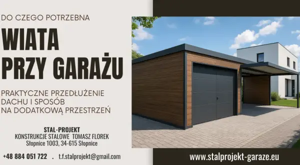 Nowoczesny garaż z wiatą, idealne przedłużenie dachu i dodatkowa przestrzeń. Stal-Projekt.