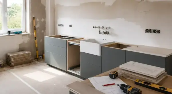 Trwa remont kuchni w bloku. Nowe szafki kuchenne, zlew i narzędzia czekają na montaż.