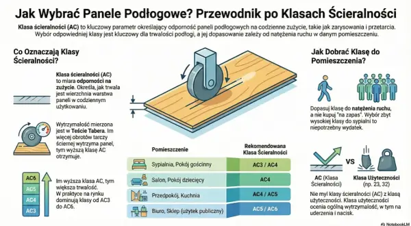 Wybór odpowiedniej klasy ścieralności paneli podłogowych (AC) zapewnia trwałość. Dopasuj klasę do natężenia ruchu w pomieszczeniu.