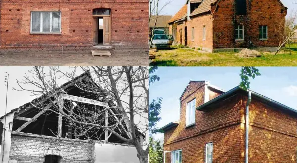 Metamorfoza starego domu: od ruiny do odnowionego budynku. Zdjęcia ukazują przemianę.