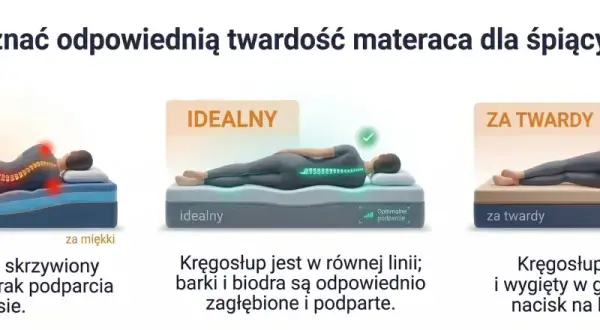 Ilustracja pokazuje trzy pozycje spania na boku na materacach: za miękki, idealny i za twardy. W idealnej pozycji kręgosłup jest prosty, a barki i biodra są odpowiednio zagłębione. Gdzie jest góra materaca? W każdej z trzech opcji, góra materaca jest t...