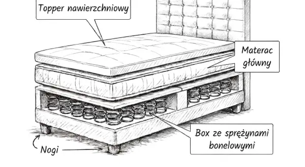 Łóżko kontynentalne to wielowarstwowa konstrukcja: nogi, box ze sprężynami bonelowymi, materac główny i topper nawierzchniowy.