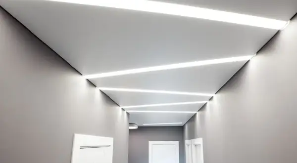 Nowoczesny korytarz z geometrycznymi wzorami sufitu napinanego i wbudowanym oświetleniem LED.