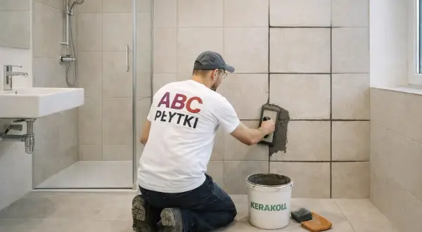 Fachowiec fuguje płytki rektyfikowane, co to znaczy? Precyzyjne, równe fugi to sekret idealnej łazienki.