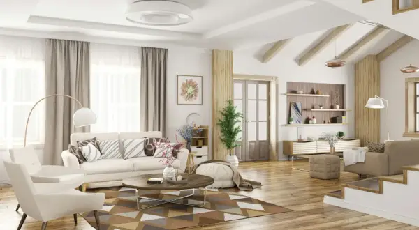 Nowoczesny salon z geometrycznym dywanem, który pomoże Ci zdecydować, jak dobrać dywan do salonu.