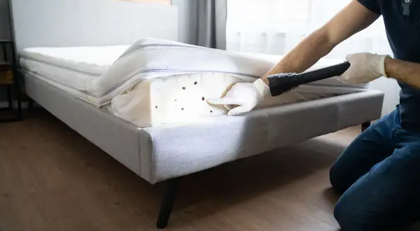Inspektor w rękawiczkach wskazuje latarką na pluskwy w materacu.