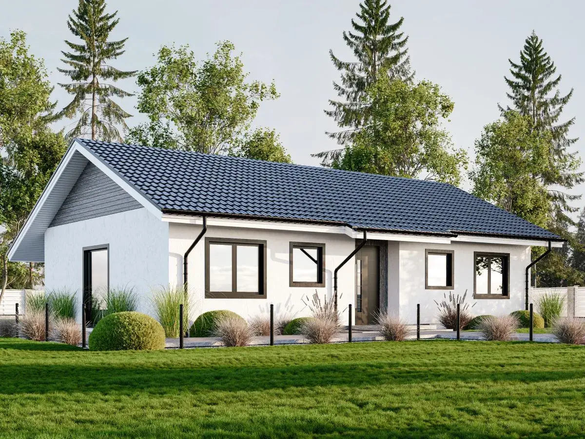 Nowoczesny dom parterowy z dużymi oknami, idealny dla rodziny. Sprawdź nasze projekty domów 100m.
