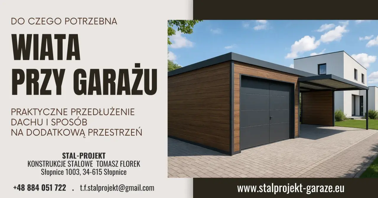 Nowoczesny garaż z wiatą, idealne przedłużenie dachu i dodatkowa przestrzeń. Stal-Projekt.