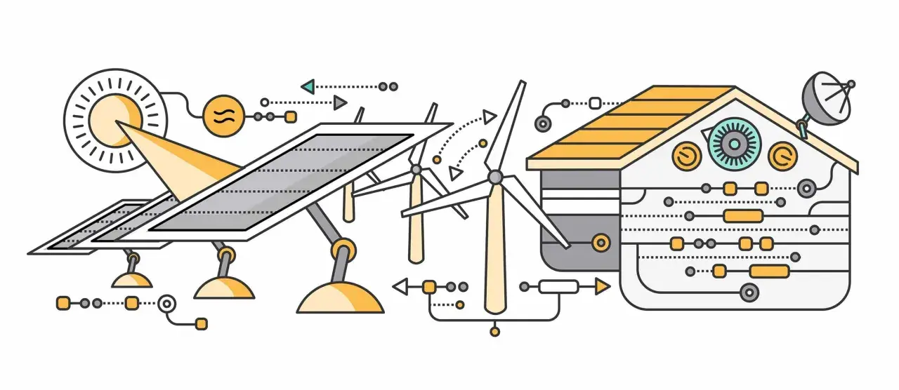 Ilustracja koncepcyjna: dom pasywny projekt z panelami słonecznymi, turbiną wiatrową i systemem dystrybucji energii.