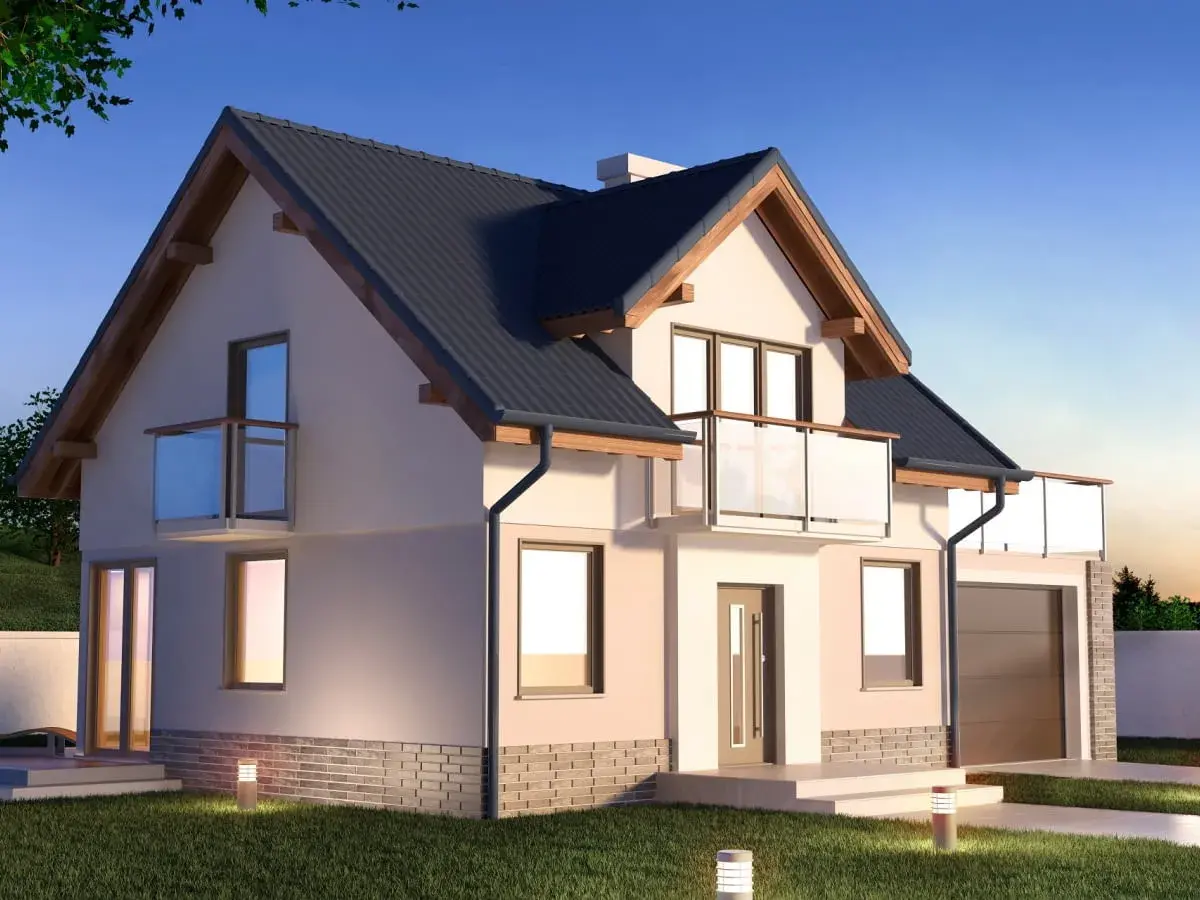Nowoczesny projekt domu 100m2 parterowy z garażem, balkonami i oświetleniem ogrodowym.