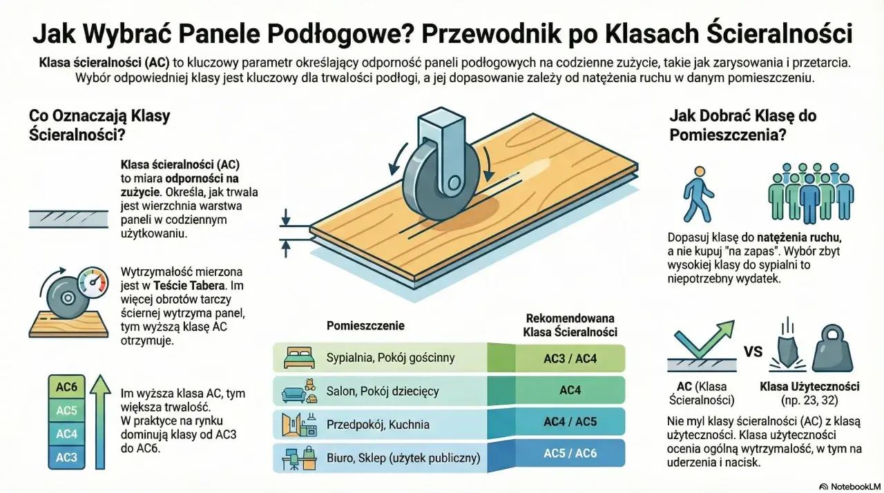 Wybór odpowiedniej klasy ścieralności paneli podłogowych (AC) zapewnia trwałość. Dopasuj klasę do natężenia ruchu w pomieszczeniu.