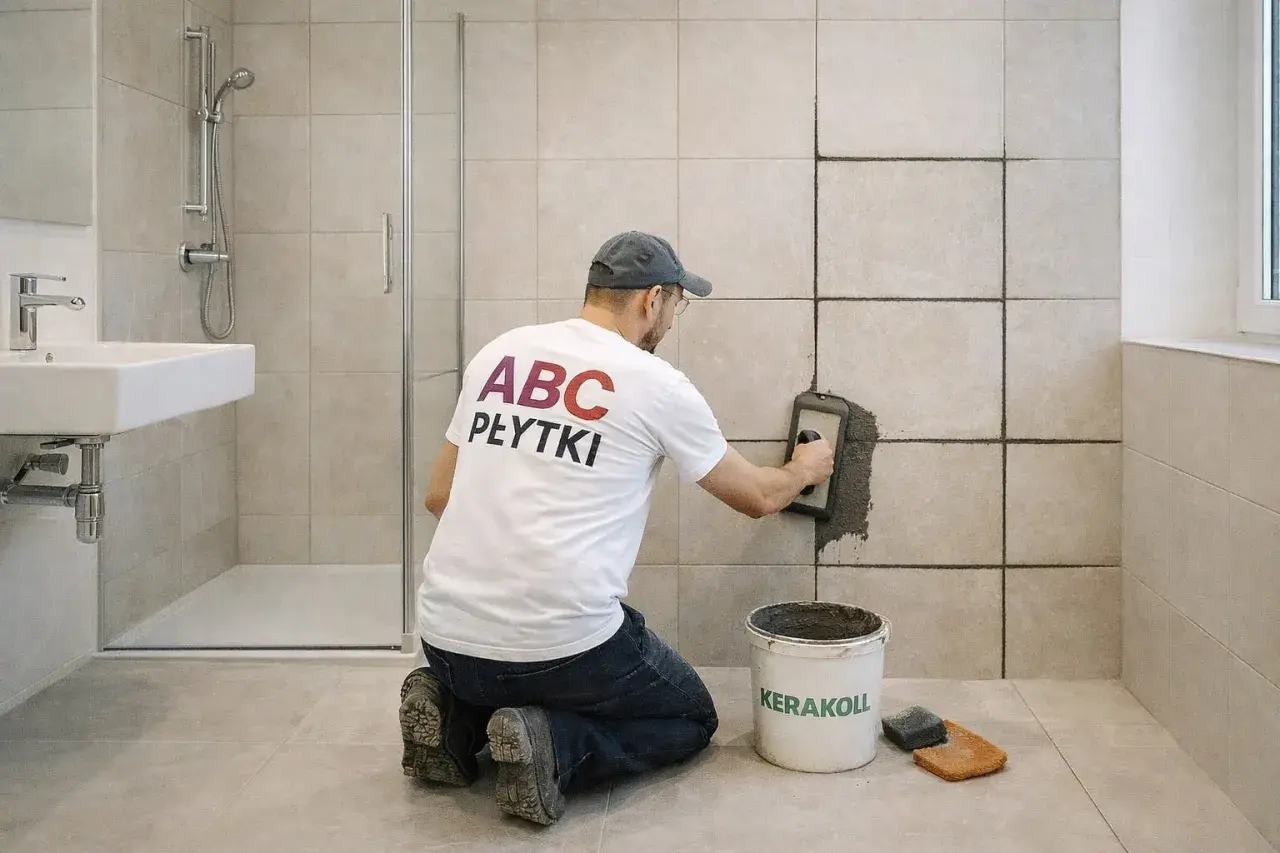 Fachowiec fuguje płytki rektyfikowane, co to znaczy? Precyzyjne, równe fugi to sekret idealnej łazienki.