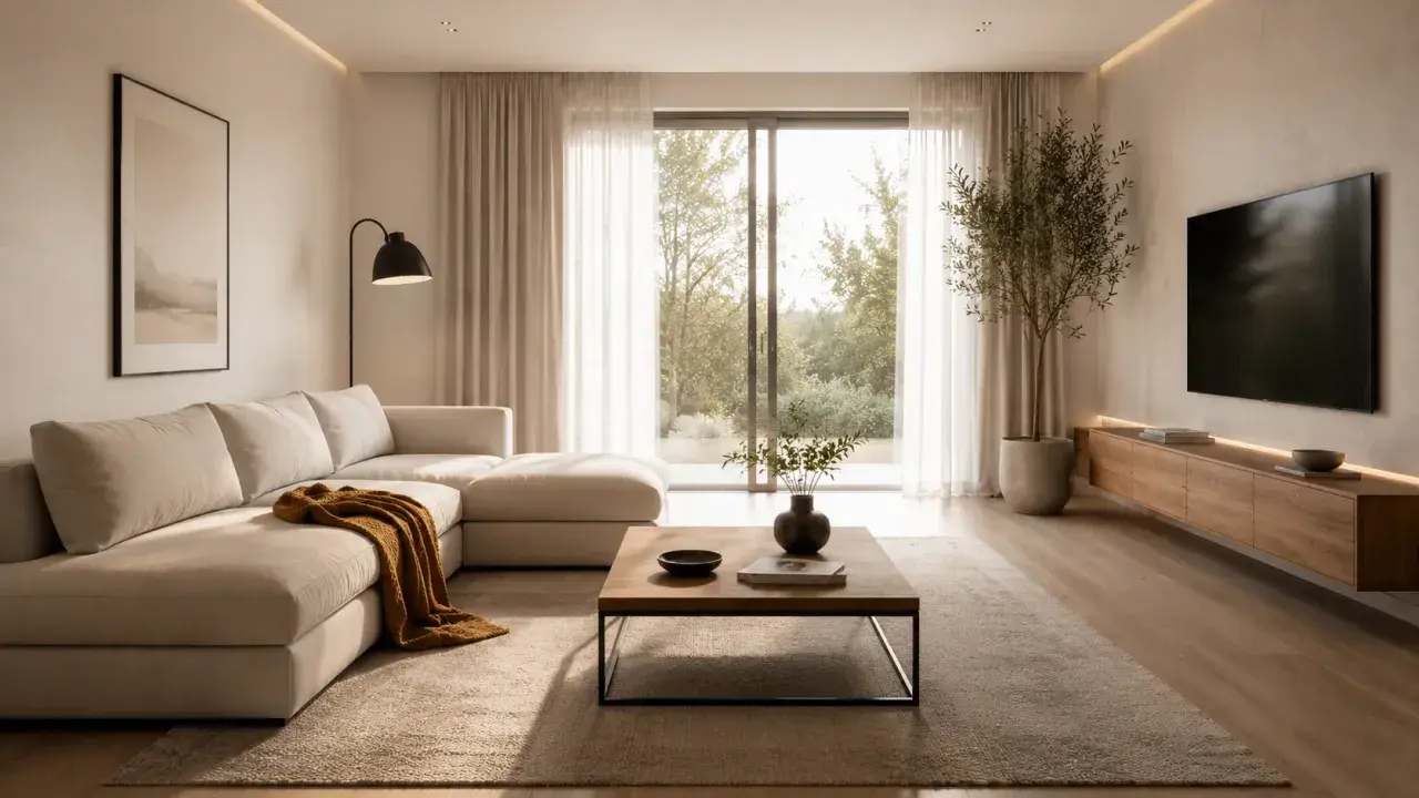 Jasny, przestronny salon w stylu minimalistycznym. Duża, beżowa sofa, drewniana ława, nowoczesny telewizor i subtelne oświetlenie tworzą przytulną atmosferę.