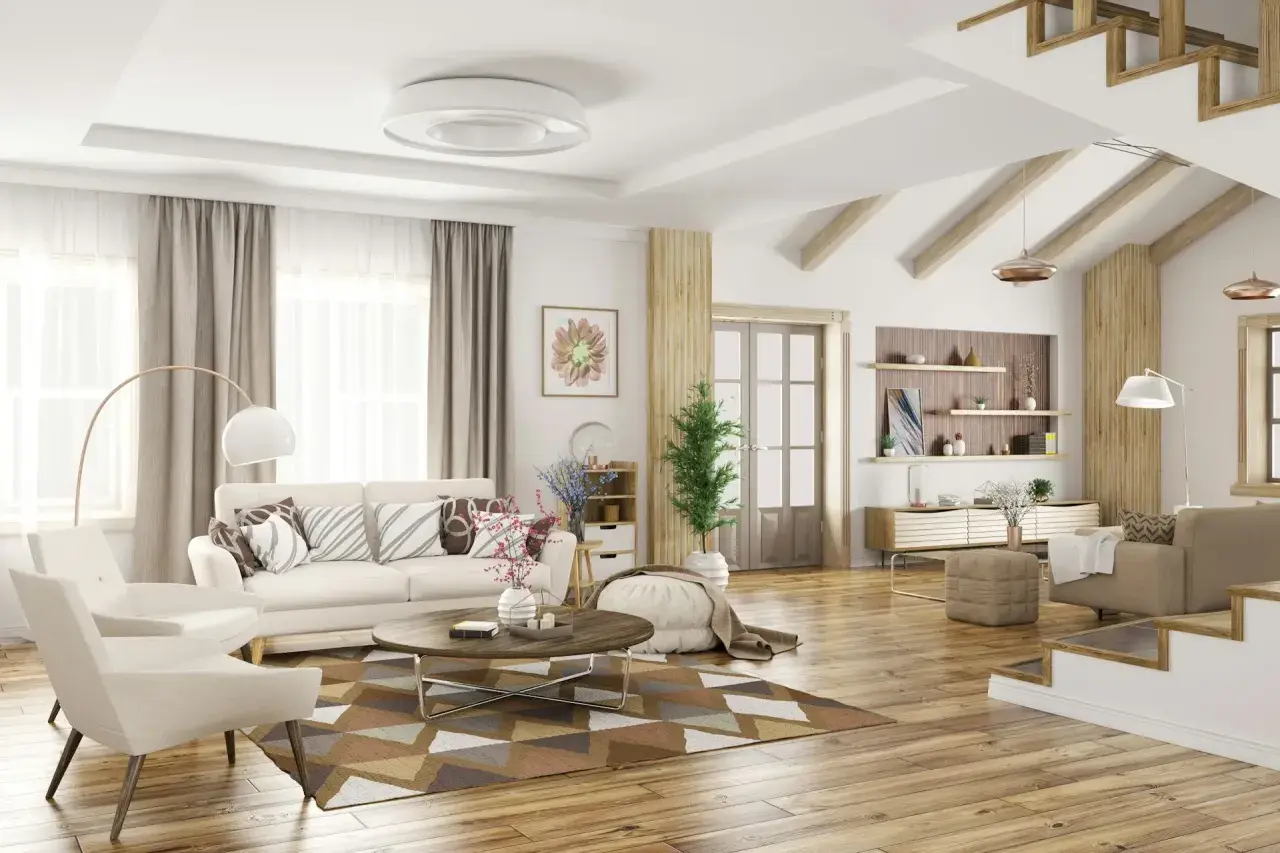 Nowoczesny salon z geometrycznym dywanem, który pomoże Ci zdecydować, jak dobrać dywan do salonu.