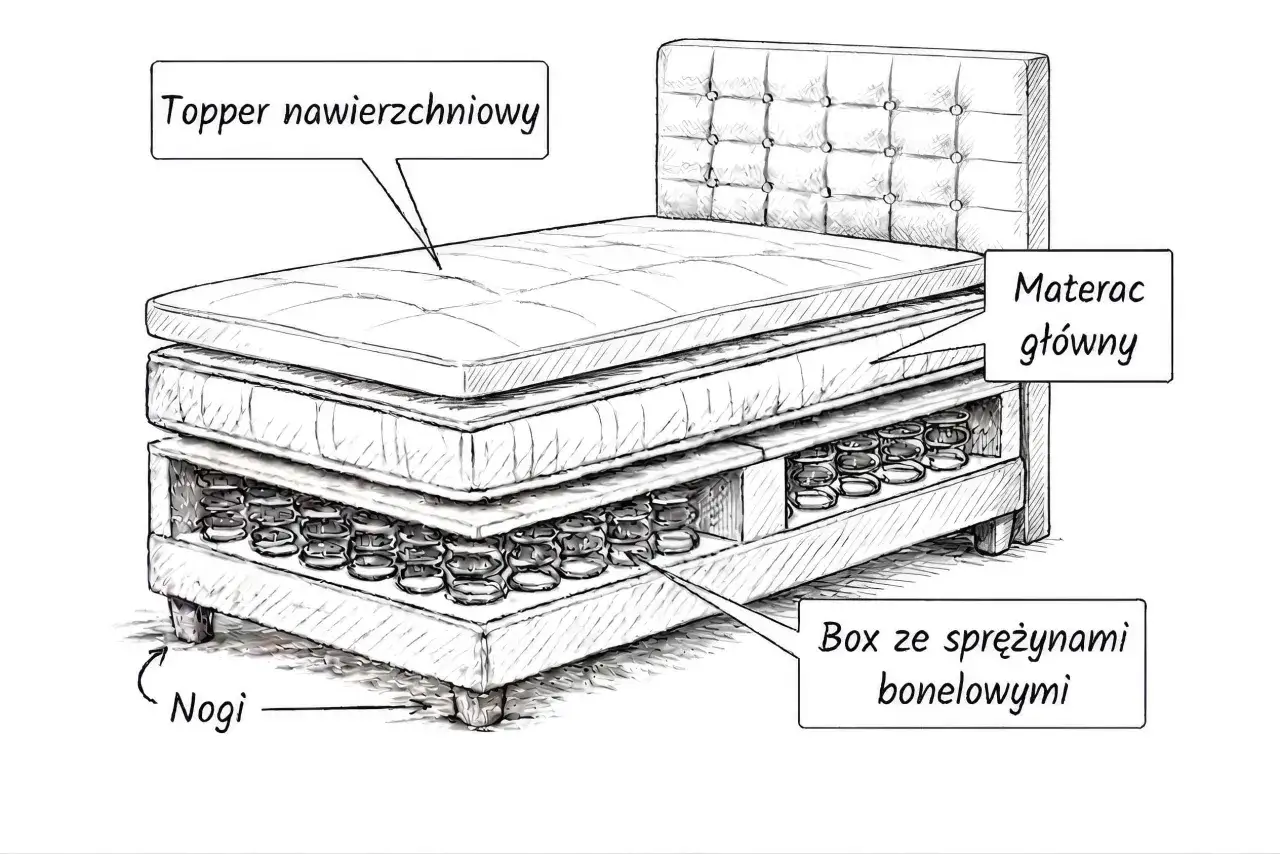 Ł&oacute;żko kontynentalne: warstwy materaca gł&oacute;wnego, toppera i boxu ze sprężynami bonelowymi na nogach.