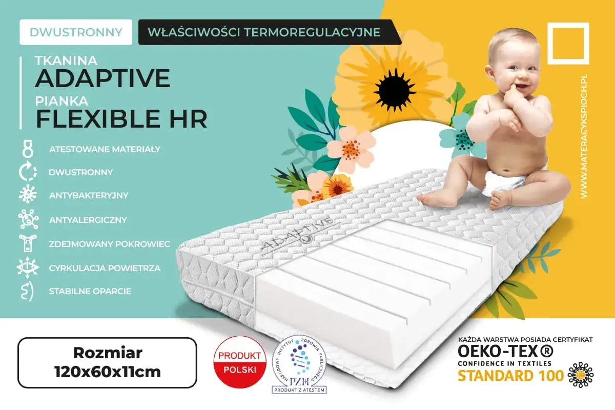Materac do łóżeczka 120x60 jaki wybrać? Ten model z pianką Flexible HR i tkaniną Adaptive zapewni komfort i bezpieczeństwo.