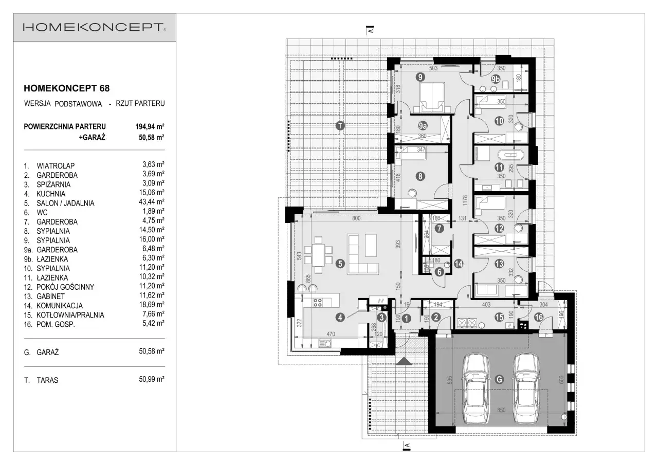 Rzut parterowy projektu domu 100m2 z garażem. Układ pomieszczeń: salon, kuchnia, 3 sypialnie, gabinet, garderoby, łazienki, kotłownia.
