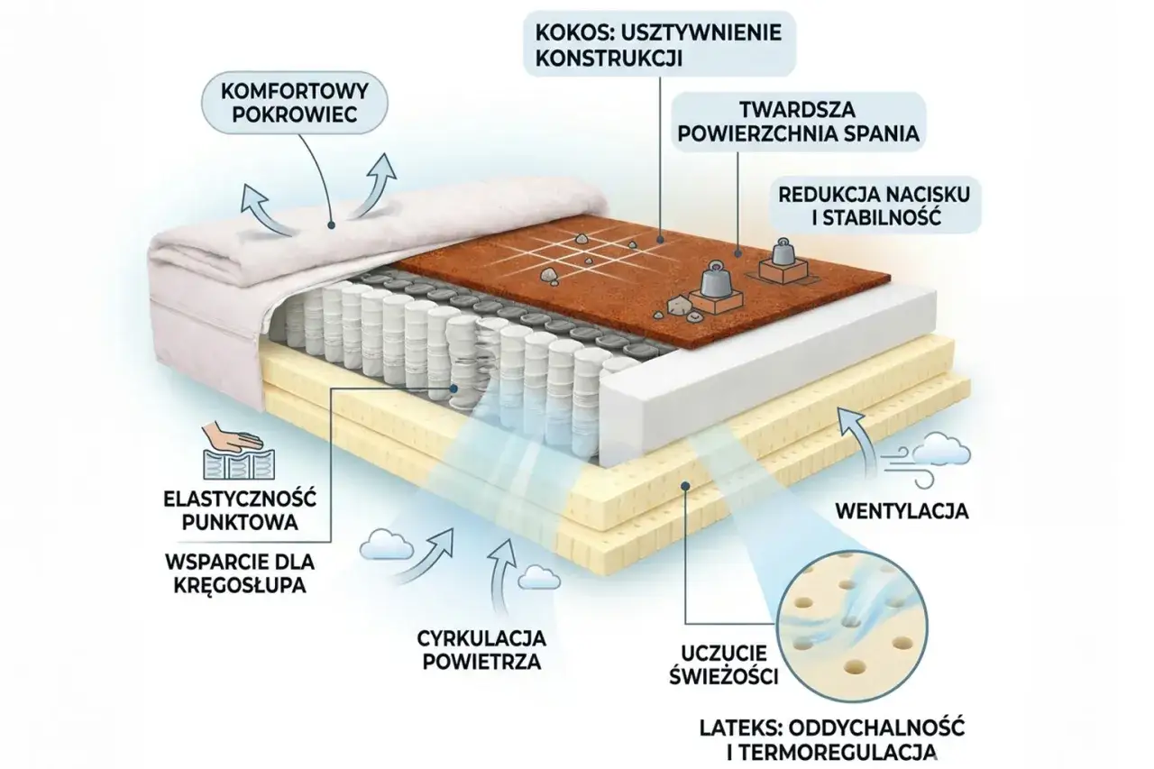 Warstwowy materac z kokosem, sprężynami i lateksem. Zapewnia twardszą powierzchnię spania, wsparcie dla kręgosłupa i cyrkulację powietrza.