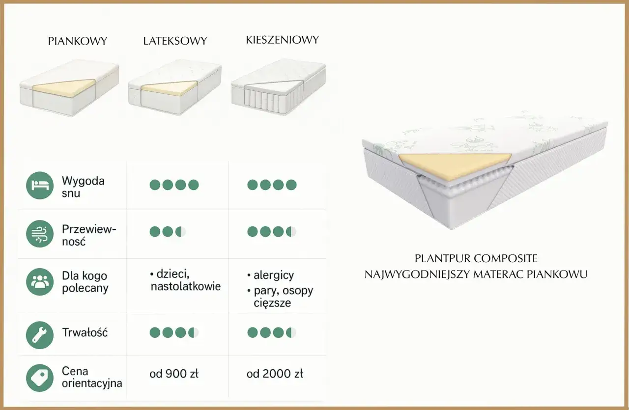 Porównanie materacy: piankowy, lateksowy, kieszeniowy. Dowiedz się, jak wybrać materac do sypialni, analizując wygodę, przewiewność, przeznaczenie i cenę.