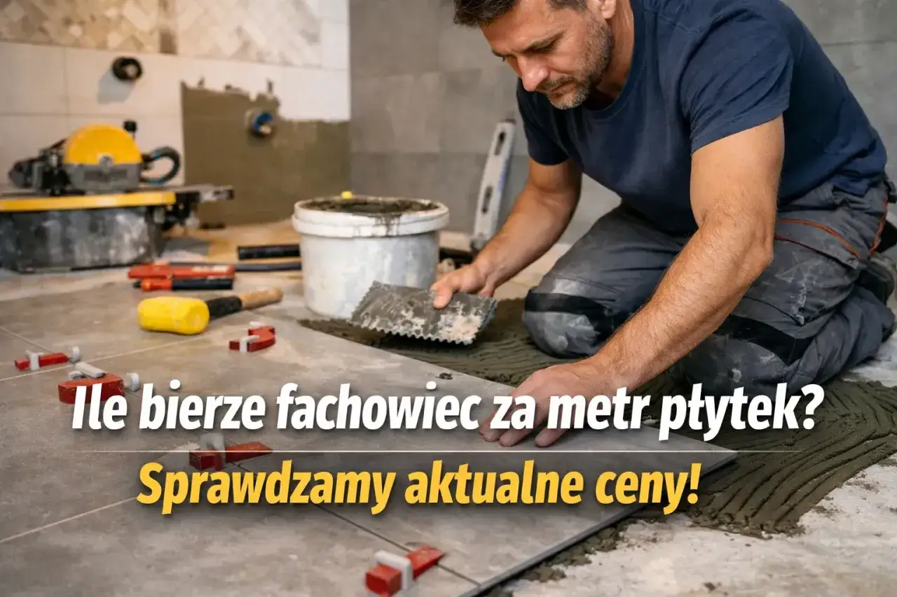 Fachowiec układa płytki, sprawdzamy, ile za metr płytek kosztuje praca. Narzędzia i materiały budowlane na podłodze.