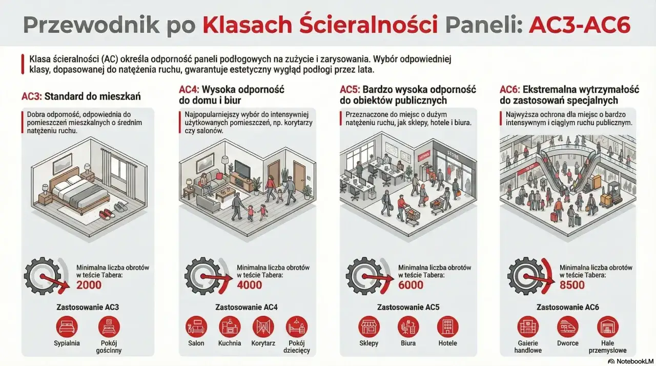 Przewodnik po klasach ścieralności paneli: AC3-AC6. Ilustracje pokazują zastosowania paneli o różnej odporności na ruch: od mieszkań (AC3) po centra handlowe (AC6).